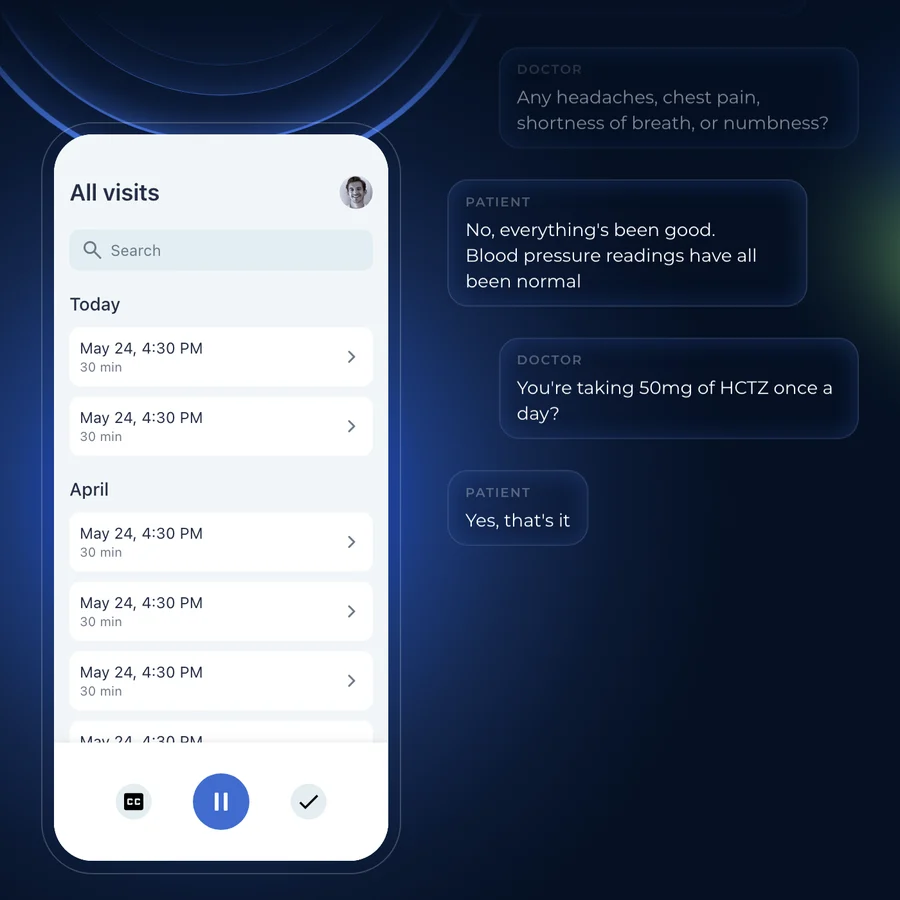 Phone showing a list of patient visits beside a live doctor and patient conversation