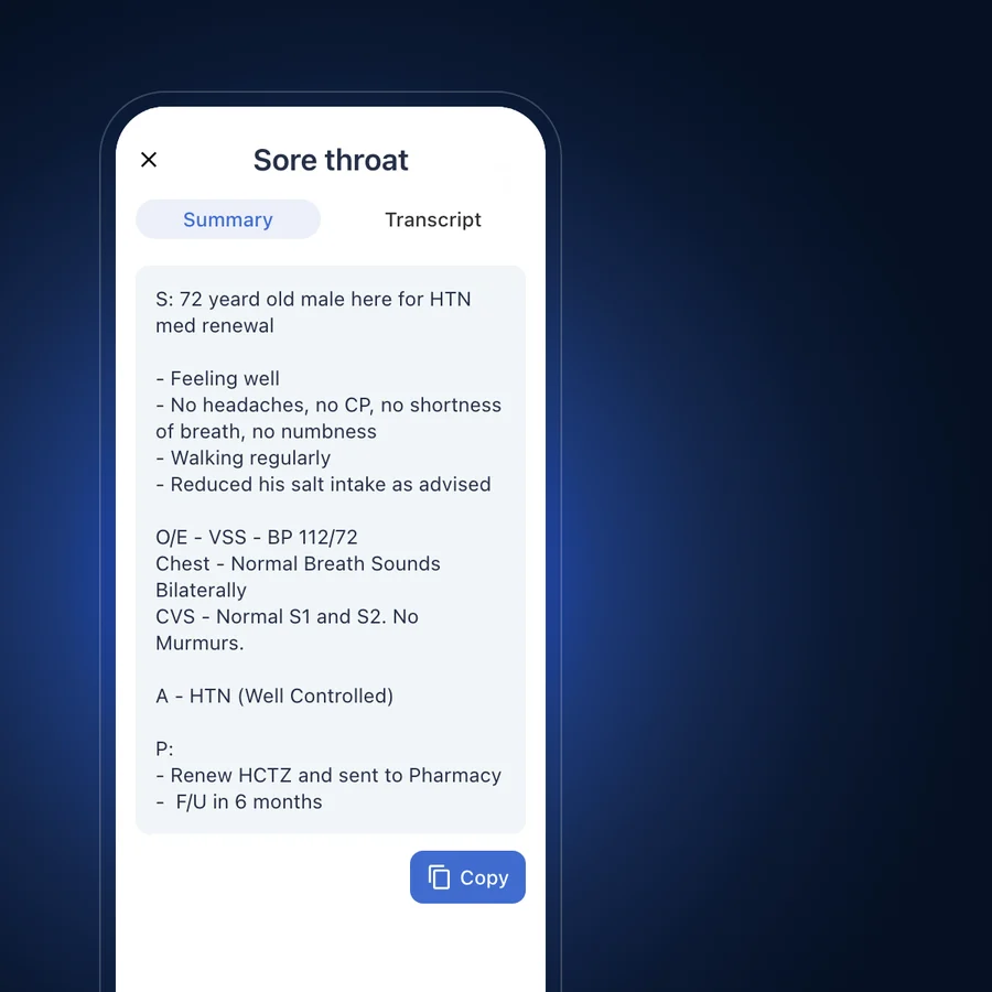 Phone showing the finished clinical note for the visit, with a Copy button