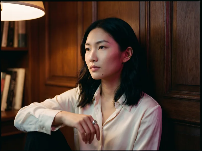 Editorial portrait of a woman in a wood-panelled library